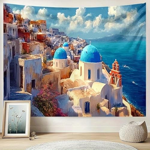 GLWDMH 200x150CM Romantischer Wandteppich mit ägäischer Küstenlandschaft, Wandbehang aus Polyester, für Schlafzimmer, Büro, Wohnheim, Partydekoration, mit Installationspaket von GLWDMH