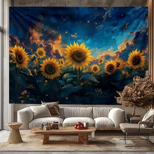 GLWDMH 200x150CM Wandteppich mit Sonnenblumen- und Sternenhimmel-Print, Wandbehang aus Polyester für Schlafzimmer- und Wohnzimmerdekor, mit Installationspaket von GLWDMH