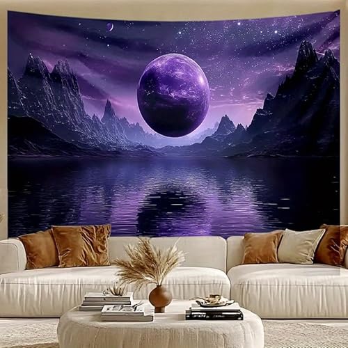 GLWDMH 200x150CM Wandteppich mit violettem Planetenreflexionsdruck, Wandbehang, Polyester-Wandteppiche, für Schlafzimmer, Büro, Wohnheim, Party-Dekor, mit Installationspaket von GLWDMH
