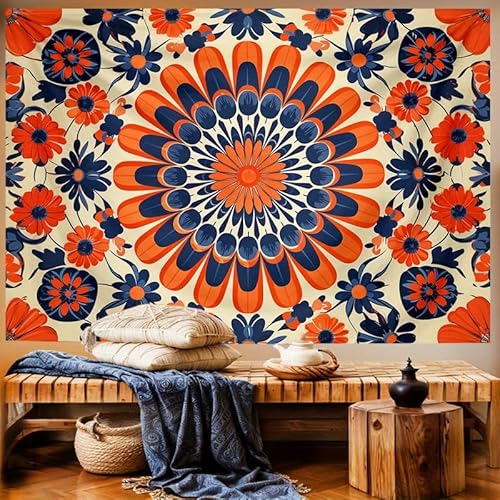 GLWDMH 200x180CM Mandala Orange Floral Art Wandteppich, weicher Polyester-Wandbehang für Wohnzimmer, Schlafzimmer-Dekor, mit Installationspaket von GLWDMH