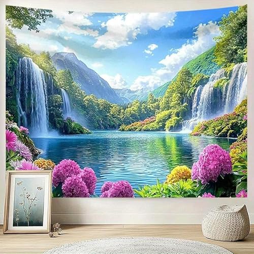 GLWDMH 200x180CM Wandteppich mit Frühlingslandschaft, Wasserfall- und Blumenmuster, Wandbehang aus Polyester, für Schlafzimmer, Büro, Wohnheim, Partydekoration, mit Installationspaket von GLWDMH