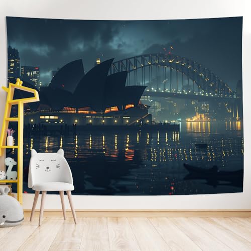 GLWDMH 200x180CM Wandteppich mit Nachtreflexionen des Sydney Opera House und der Harbour Bridge, Wandbehang aus Polyester, für Schlafzimmer, Büro, Wohnheim, Partydekoration, mit Installationspaket von GLWDMH