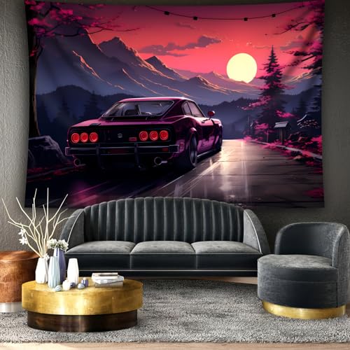GLWDMH 200x180CM Wandteppich mit Sonnenuntergang und Auto, Berglandschaft, einfach aufzuhängender Wandbehang aus Polyester für Wohnzimmer, Schlafzimmer, Wohnheimdekoration von GLWDMH