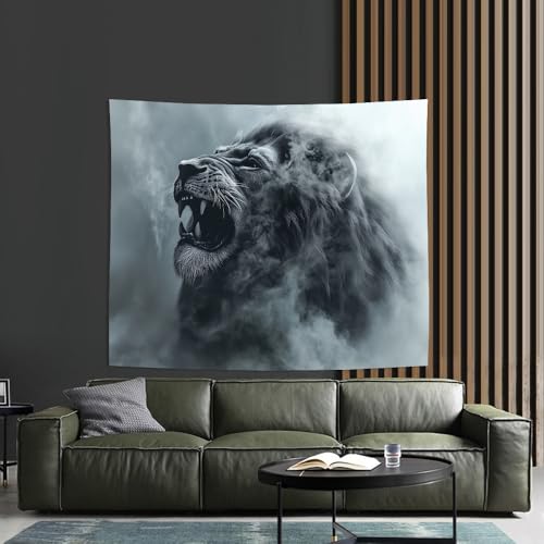 GLWDMH 230x150CM Wandteppich „Löwe brüllt im Nebel“, Polyester, Wandteppich zum Aufhängen, für Schlafzimmer, Büro, Wohnheim, Partydekoration, mit Installationspaket von GLWDMH