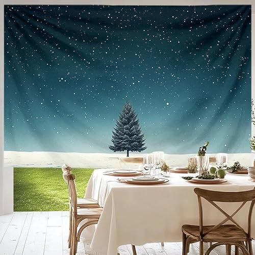 GLWDMH 230x150CM Wandteppich „Winternacht mit verschneiter Kiefer“, Wandbehang, Polyester-Wandteppiche, für Schlafzimmer, Büro, Wohnheim, Party-Dekor, mit Installationspaket von GLWDMH