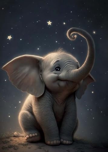 GLXPOG Kleiner Elefant 5D Diamant Painting Bilder Set, Nachthimmel Diamant Art Malerei Painting Kit für Erwachsene, DIY Strass Stickerei Malerei Wand Dekor 30x40cm von GLXPOG