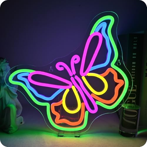 GLYOX Butterfly Neon Schild, Mehrfarbiger Schmetterling Led Schild,USB-Dimmbare Butterfly Neon Sign für Leuchtreklame Schlafzimmer Bar Café Club Salon Geschäft Mädchen Schlafzimmer LED Wanddekoration von GLYOX