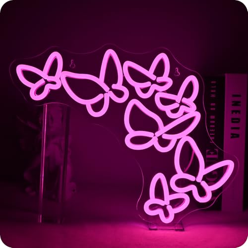 GLYOX Butterfly Neon Schild, Pink Led Schild Wandleuchte,USB-Dimmbare Butterfly Neon Sign für Leuchtreklame Schlafzimmer Bar Café Club Salon Geschäft Mädchen Schlafzimmer LED Wanddekoration von GLYOX