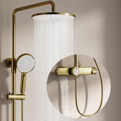 GLYYR Duschsystem Gold mit Thermostat, Messing Duscharmatur mit Einhebelmischer, 3 Funktional Duschset Wandmontage Höhenverstellbare Duschset mit 360° Verstellbarer Regendusche, 3 Modus Handbraus GLYYR Duschsystem Gold mit Thermostat, Messing Duscharmatur mit Einhebelmischer, 3 Funktional Duschset Wandmontage Höhenverstellbare Duschset mit 360° Verstellbarer Regendusche, 3 Modus Handbraus von GLYYR