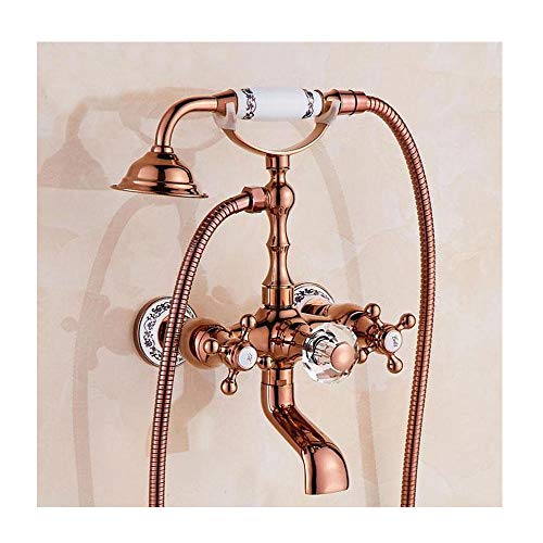 GLYYR Europäischer Retro Badewannenarmaturen Mit Kristallkugel Messing Wand Bad Dusche Set Mit Rotierende Düse Badewanne Mischbatterie Dusche Mit Handbrause Fürs Badezimmer,Rosegold von GLYYR