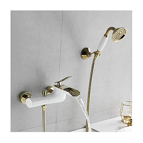 Weiß Und Gold Wasserfall Badewannenarmaturen Messing Wand Bad Dusche Set Badewanne Mischbatterie Dusche Mit Handbrause Fürs Badezimmer von GLYYR