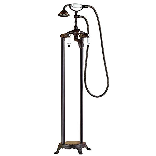 Retro Wannenarmatur Freistehende Schwarze Bronze Badewannenarmatur mit Handbrause, Messing Wannenbatterie Bodenmontage Badewanne Wasserhahn Doppelter Griff Wannenmischer,Black Bronze d von GLYYR