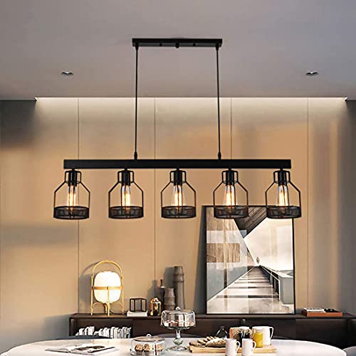 Droplights Pendelleuchte, Schwarz 5 Köpfe Lichter Metall Eisenkäfig Pendelleuchten, Vintage Loft Industrielle Pendelleuchte E27 Wohnzimmer Restaurant Schlafzimmer Kronleuchter von GLZXMQBP