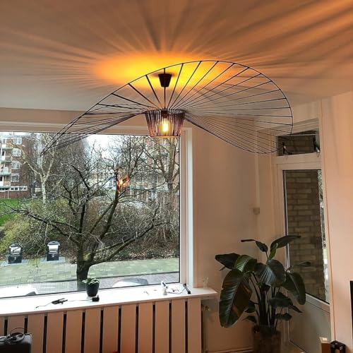 Vertigo Lampe 100cm Schwarz, Hängelampe Hängeleuchte Kronleuchter Wohnzimmer Pendelleuchte Chandelier Modern Vintage Lustre Fiberglas+Schwarz Pu Kreative Hut Lampe Retro Wohnzimmerlampe,Noir,100cm von GLZXMQBP