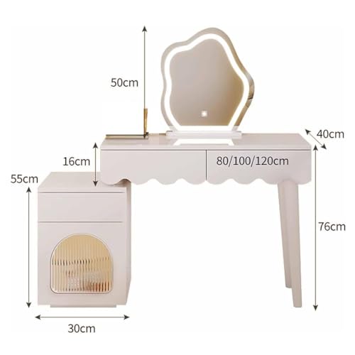 GLazzy Schminktisch mit LED-Leuchten und Hocker, 3-farbige einstellbare Beleuchtung, Frisiertisch aus Holz mit Spiegel – Kosmetikkommode for Frauen, Mädchen, Schlafzimmer(80cm) von GLazzy