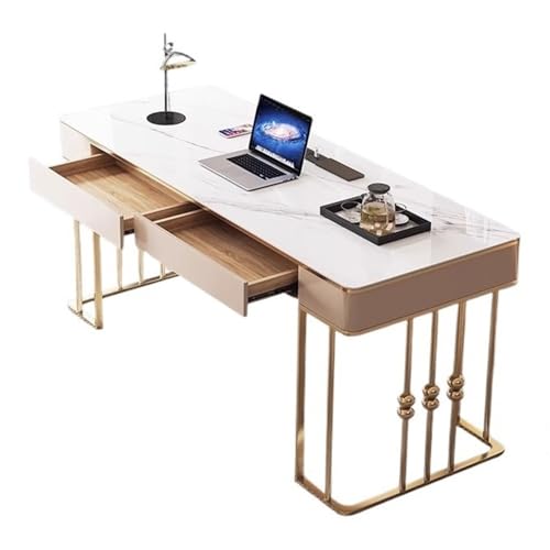 GLigeT Arbeitszimmer Moderner Laptop-PC-Schreibtisch, luxuriöser Schreibtisch in Weiß und Gold, Schminktisch mit Ladesteckdosen Büro(S) von GLigeT