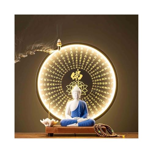 GLigeT Feng Shui Skulptur Blaue Buddha-Statue aus Keramik, Ornament for Schreibtisch, Büro, Wohnzimmer, Feng Shui-Ornament mit Lichtring-Set Ornamente Statue von GLigeT