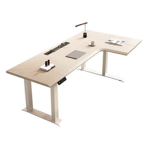GLigeT Schreibtisch L-förmiger elektrischer Stehschreibtisch mit Ladesteckdosen, höhenverstellbarer Eckschreibtisch for das Homeoffice Sattellederplatte Officetisch(M) von GLigeT