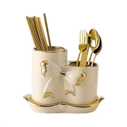 GLigeT Utensilienhalter Kitchen Utensil Holder for Countertop, Ceramic Utensil Organizer with 2 Compartments with Drip Tray, Bow Decor Spoon Chopsticks Fork Drain Rack Utensilienhalter Küche(A) von GLigeT