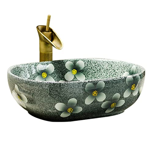 GLigeT Waschbecken 18,9" x 15,3" Badezimmer-Waschbecken aus Keramik, ovales Kunst-Aufsatzwaschbecken mit Blumenmuster (nur 1 Waschbecken) Fürs Badezimmer (Color : A) von GLigeT