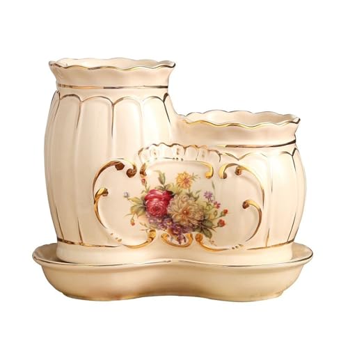 GLigeT Vintage Keramik-Utensilienhalter mit 2 Fächern, eleganter, handbemalter Utensilienhalter für die Arbeitsplatte, Besteckbehälter, Utensilienaufbewahrungsorganisator mit Abflussschale in Beige von GLigeT