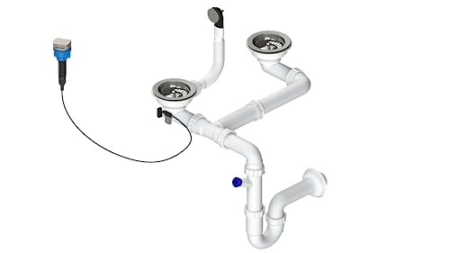 GRANMASTER Siphon Küchenspüle Automatischer 2-Kammer Raumsparsiphon mit überlauf Ablaufgarnitur für Spüle Made in Italy Anschluss an der Unterseite: 1 1/2" Siebkorb Excenterventil 3 1/2"- 30x25x35cm von GM GranMaster