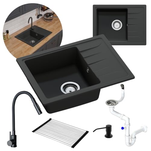 GRANMASTER Gracia Granitspülbecken Komplett-Set, Doppelfunktion Wasserhahn, Siphon, Rollmata und Seifenspender, 1-komoriger Spülbecken, kratzfest, hitzebeständig, modernes Design für die Küche GRANMASTER Gracia Granitspülbecken Komplett-Set, Doppelfunktion Wasserhahn, Siphon, Rollmata und Seifenspender, 1-komoriger Spülbecken, kratzfest, hitzebeständig, modernes Design für die Küche von GM GranMaster