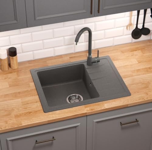 GRANMASTER Gracia Granitspüle 1 Becken mit Abtropffläche - Küchenspüle, Einbauspüle, Einzelbecken 58x44x16,4 cm - Titan von GM GranMaster