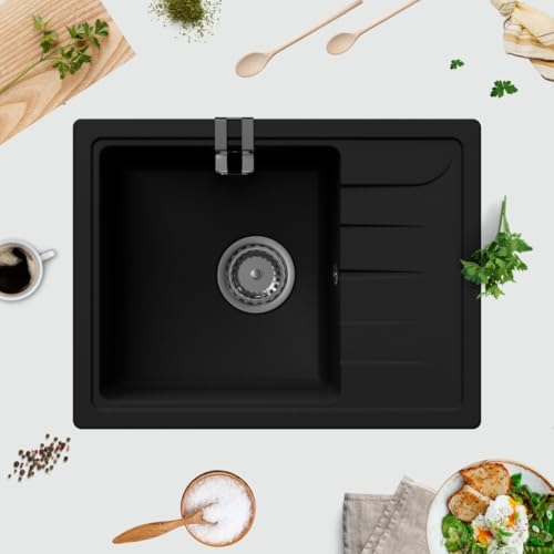GRANMASTER Gracia Granitspüle 1 Becken mit Abtropffläche und Schwammhalter - Küchenspüle 58x44x16,4 cm - Schwarz Metallic GRANMASTER Gracia Granitspüle 1 Becken mit Abtropffläche und Schwammhalter - Küchenspüle 58x44x16,4 cm - Schwarz Metallic von GM GranMaster