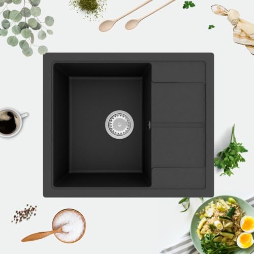 GRANMASTER Horizon Granitspüle 1 Becken mit Siphon, Spüle Arbeitsplatte Küchenspüle mit Wasserhahn, 59 x 50 x 20,3 cm Spüle mit Abtropffläche aus Granit, Imprägnieren 50ml Schwarz Metallic von GM GranMaster
