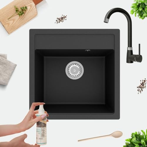 GRANMASTER Horizon Granitspüle mit Wasserhahn 1 Becken mit Siphon, Spüle Arbeitsplatte Küchenspüle mit Wasserhahn, 49 x 49 x 20,3 cm Spüle aus Granit, Schwarz Metallic von GM GranMaster