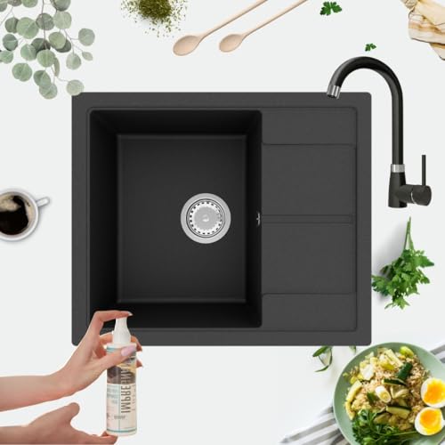 GRANMASTER Horizon Granitspüle mit Wasserhahn 1 Becken mit Siphon, Spüle Arbeitsplatte Küchenspüle mit Wasserhahn, 59 x 50 x 20,3 cm Spüle mit Abtropffläche aus Granit, Schwarz Metallic GRANMASTER Horizon Granitspüle mit Wasserhahn 1 Becken mit Siphon, Spüle Arbeitsplatte Küchenspüle mit Wasserhahn, 59 x 50 x 20,3 cm Spüle mit Abtropffläche aus Granit, Schwarz Metallic von GM GranMaster