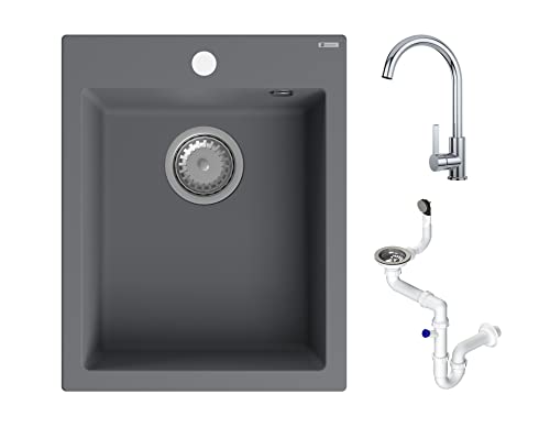 GRANMASTER Ivo Granitspüle mit Armatur 1 Becken mit Siphon in 3 Farben - Spülbecken Arbeitsplatte Küche Waschbecken mit Wasserhahn - 40 x 50 x 19,2 cm Spüle ohne Abtropffläche in Titan von GM GranMaster