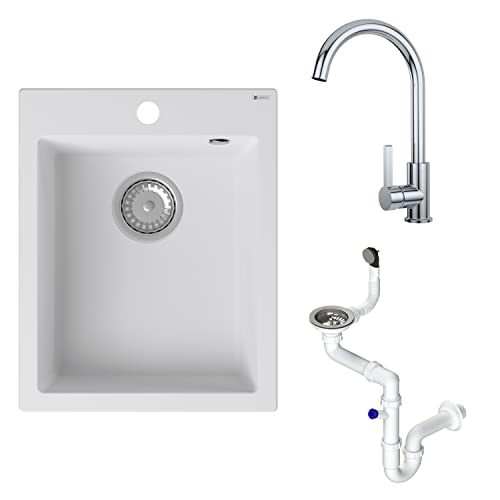 GRANMASTER Ivo Granitspüle mit Armatur 1 Becken mit Siphon in 3 Farben - Spülbecken Arbeitsplatte Küche Waschbecken mit Wasserhahn - 40 x 50 x 19,2 cm Spüle ohne Abtropffläche in Weiß GRANMASTER Ivo Granitspüle mit Armatur 1 Becken mit Siphon in 3 Farben - Spülbecken Arbeitsplatte Küche Waschbecken mit Wasserhahn - 40 x 50 x 19,2 cm Spüle ohne Abtropffläche in Weiß von GM GranMaster