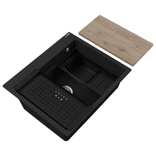 GRANMASTER Massimo Spülbecken Küche mit 1 Becken - Granitspüle mit Abtropffläche, Holzbrett und Metalltabletts, 560x480x203 Schwarz Metallic von GM GranMaster