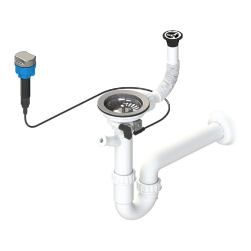 GRANMASTER Siphon Küchenspüle Automatischer 1-Kammer Raumsparsiphon mit überlauf auf der Abtropfschale - Made in Italy - Anschluss an der Unterseite: 1 1/2" Siebkorb Excenterventil 3 1/2" - 38x26x12cm von GM GranMaster
