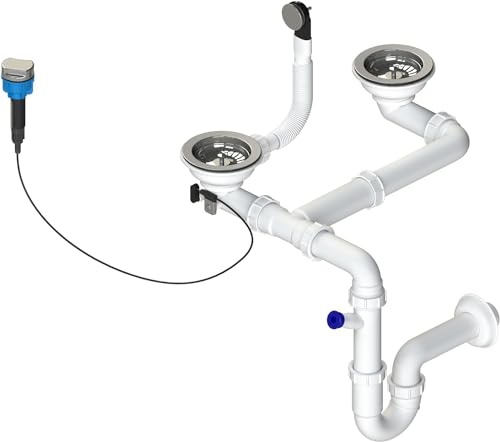 GRANMASTER Siphon Küchenspüle Automatischer 2-Kammer Raumsparsiphon mit überlauf Ablaufgarnitur für Spüle Made in Italy Anschluss an der Unterseite: 1 1/2" Siebkorb Excenterventil 3 1/2"- 30x25x35cm von GM GranMaster