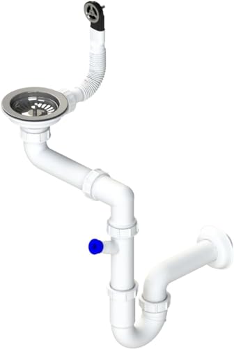 GRANMASTER Siphon Küchenspüle Manuelle 1-Kammer Raumsparsiphon - Syphon - Ablaufgarnitur für Spüle - Made in Italy - Anschluss an der Unterseite: 1 1/2" Siebkorb Excenterventil 3 1/2" - 30x25x35cm von GM GranMaster