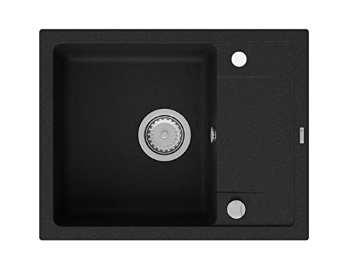 GRANMASTER Smart Spülbecken Küche - mit 1 Becken - Granitspüle mit Siphon Waschbecken Küche - Einbauspüle Arbeitsplatte Küchenspüle 67x44x16,4 cm Spüle Schwarz mit Abtropffläche von GM GranMaster