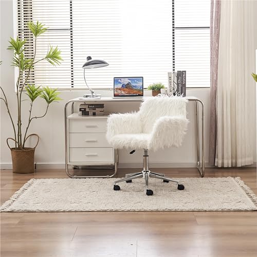 GM Ultra Bürostuhl mit Rollen, Drehstuhl Höhenverstellbar, Arbeitsstuhl mit Armlehne, Schreibtischstuhl Verschleißfestes Kunstpelzkissen für Arbeitszimmer, Schlafzimmer, Weiß von GM Ultra