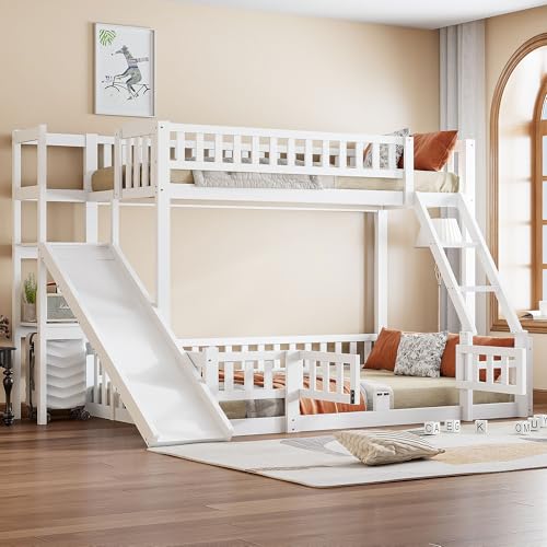 GM Ultra Bunk Bed 90 x 200 cm and 140 x 200 cm, Bunk Bed Frame with Slide and Steps, Multiple Shelves, loft Beds with Slatted Frame and Extendable Small Door (Without Mattress), White von GM Ultra