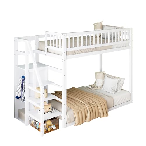 GM Ultra Bunk Bed 90 x 200 cm with Stairs and Wardrobe, Wooden Bunk Bed Frame, Floor Beds, Functional Beds with Slatted and Fall Protection for 2 Children, Without Mattress, White von GM Ultra