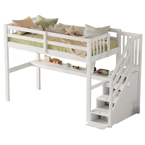 GM Ultra Children's Bed 140 x 200 cm, Bunk Bed Frame with Desk and Stairs, Loft Beds with Storage Drawers and Underbed Desk, Without Mattress, White von GM Ultra