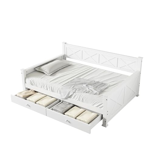 GM Ultra Children's Bed 90 x 200 cm, Wooden Day Bed Frame with 2 Drawers, Sofa Beds with Slatted and Storage Space, Without Mattress, White von GM Ultra