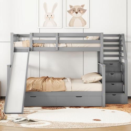 GM Ultra Children's Bunk Bed 90 x 200 and 140 x 200 cm with Stairs, Wooden Double Bed with Slide and Storage Space Drawers for 2 Children, Without Mattress, Gray von GM Ultra