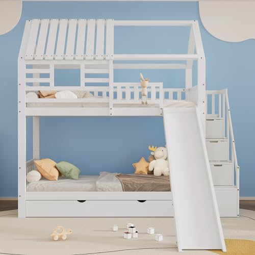 GM Ultra Etagenbett mit Rutsche 90x200, Etagenbett, Hausbett Kinderbett, Bettrahmen aus Massivholz für Kinder, Jugendliche， Weiß+Natur von GM Ultra