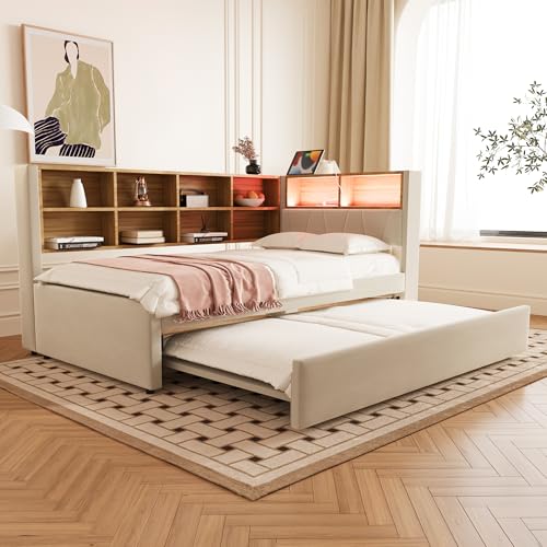 GM Ultra Schlafsofa,Ausziehbett, ausgestattet mit LED Leuchten, Steckdosen und vielen Ablagefächern, Polsterbett, Multifunktionsschlafsofa, Einzelbett, Flanell von GM Ultra