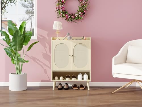GM Ultra Schuhschrank mit Doppeltüren in Naturholzoptik, Rattangeflecht-Design – mit Ablagefläche und offener Zwischenablage – ideal für Flur, Eingangsbereich oder Korridor.Maße:68 * 35 * 90cm von GM Ultra