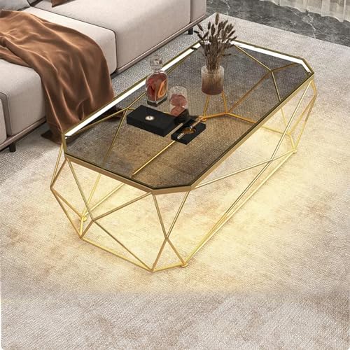 GMBAYUE Goldfarbener Couchtisch, Moderner Glas Coffee Table mit Geometrischem Metallrahmen mit Akzenttisch aus Gehärtetem Glas für Schlafzimmer, Wohnzimmer, Büro (Color : Double Layer+Clear Glass, S von GMBAYUE