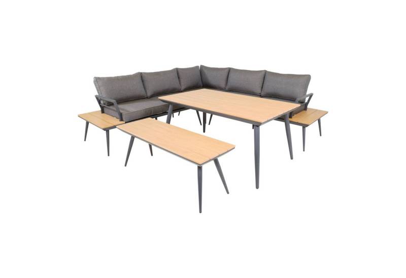 GMD Living Eckbankgruppe AREZZO, (Eckbank Essgruppe, 5-tlg., bestehend aus 2 Sofas, 1 Eckteil, 1 Tisch & 1 Bank inkl. Polsterkissen), Tischplatte im Teaklook, Wetterfest von GMD Living